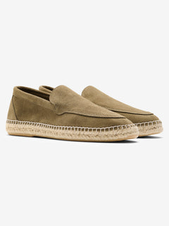 Dark olive suede espadrilles with woven jute sole and stitched toe cap