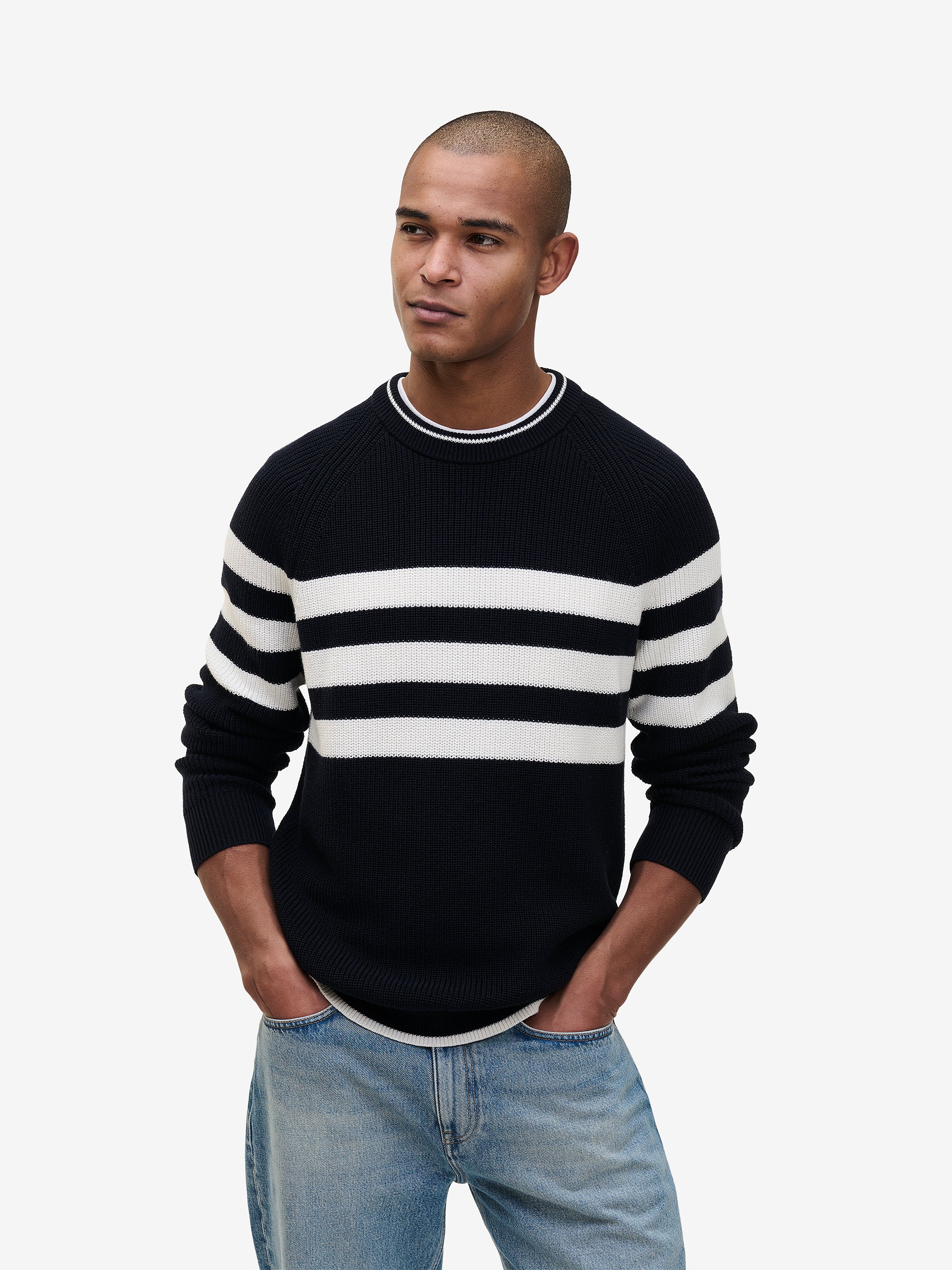 新品　BRIEFING WS WR STRIPE CREW NECK KNIT Evan Cotton Stripe Navy Crew-Neck Jumper | No Label